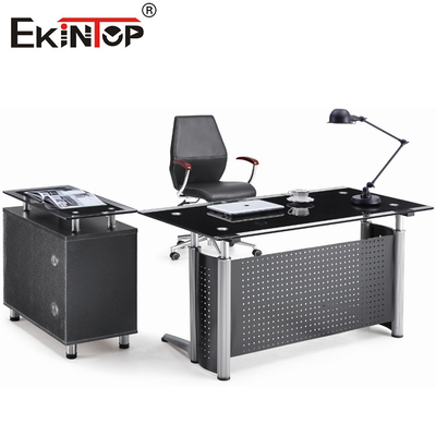 Furnitur Kantor Meja Komputer Kaca Dengan Laci Bentuk L