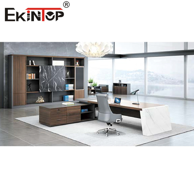 Perabot Kantor Meja Eksekutif Modern Berbentuk L yang Dapat Diperpanjang Abu-abu Coklat