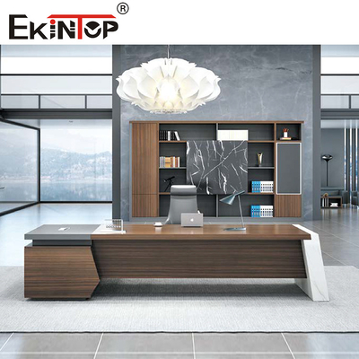 Perabot Kantor Meja Eksekutif Modern Berbentuk L yang Dapat Diperpanjang Abu-abu Coklat