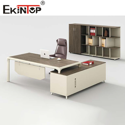 Perabot Kantor Meja Eksekutif Modern Berbentuk L yang Dapat Diperpanjang Abu-abu Coklat