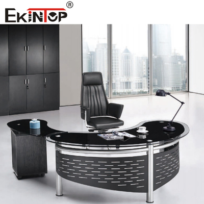 Meja Kaca Eksekutif Modern 4 Kaki Meja Komputer Kantor Berbentuk L Untuk CEO