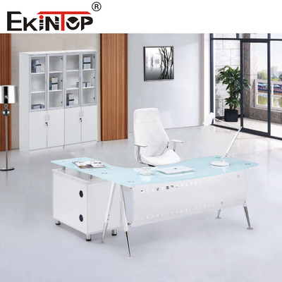 Meja Kaca Bentuk L Modern Biru Putih Untuk Perabotan Rumah Kantor