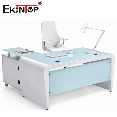 Meja Kaca Komputer Kantor Persegi Panjang Putih Biru Dengan Laci Dan Penyimpanan