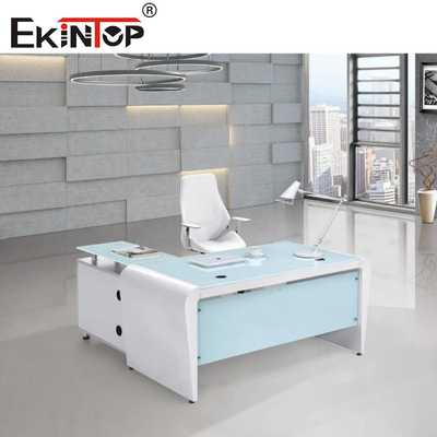 Meja Kaca Komputer Kantor Persegi Panjang Putih Biru Dengan Laci Dan Penyimpanan