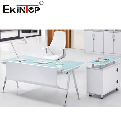 Meja Kaca Komputer Kantor Persegi Panjang Putih Biru Dengan Laci Dan Penyimpanan