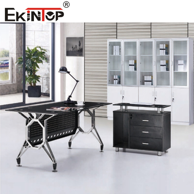 Modern Meja Kaca Hitam Kaki Logam Dengan Perabot Kantor Laci