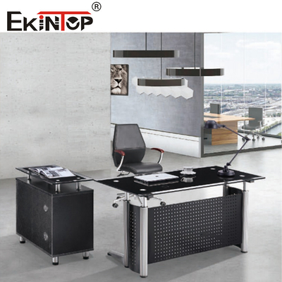 Furnitur Kantor Meja Komputer Kaca Dengan Laci Bentuk L