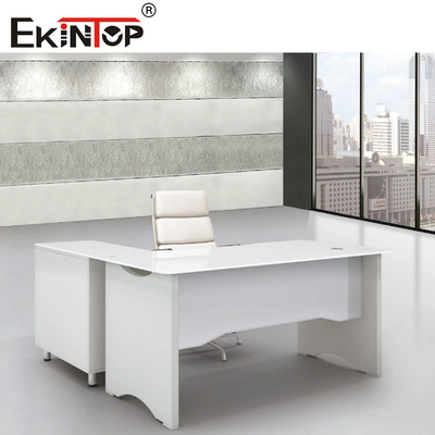 Putih Bentuk L Tempered Glass Desk Komputer Kantor Furnitur Meja Kerja