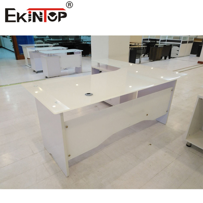 Putih Bentuk L Tempered Glass Desk Komputer Kantor Furnitur Meja Kerja