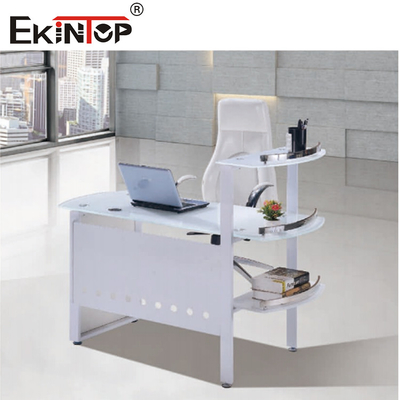 Meja Kantor Kaca Putih Biru Dengan Desktop 8mm Disesuaikan