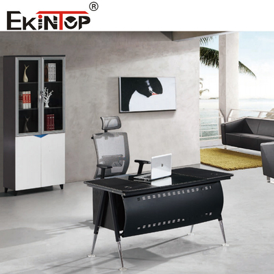 Black Brown Glass Top On Wood Table Dengan Kaki Logam Furnitur Kantor Rumah