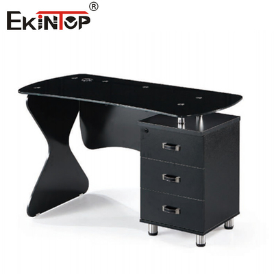 Kayu Logam Kaca Sudut Komputer Meja Hitam Lurus Glossy Finish