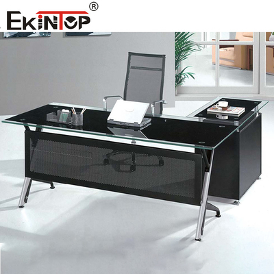 Furnitur Komersial Meja Kaca Hitam Dengan Kaki Logam Disesuaikan