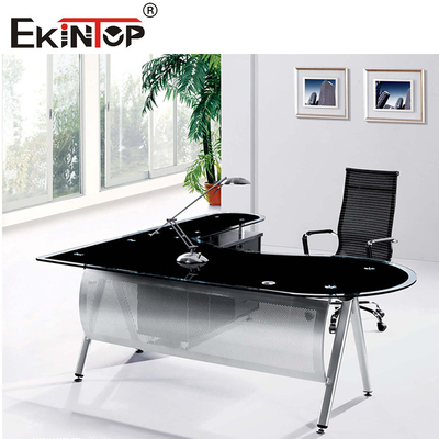 Furnitur Komersial Meja Kaca Hitam Dengan Kaki Logam Disesuaikan