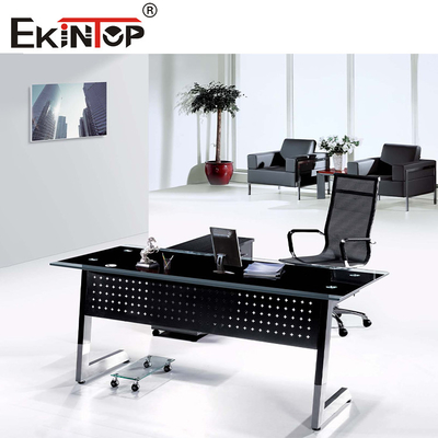 Meja kaca kantor hitam dengan laci kaki logam untuk penggunaan rumah dan bisnis