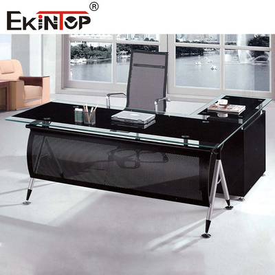 Meja kaca kantor hitam dengan laci kaki logam untuk penggunaan rumah dan bisnis
