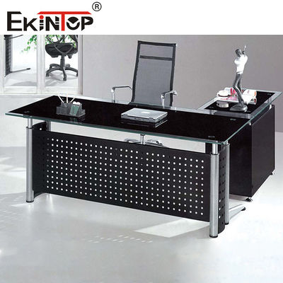 Meja kaca kantor hitam dengan laci kaki logam untuk penggunaan rumah dan bisnis