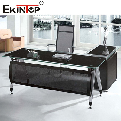 Meja kaca kantor hitam dengan laci kaki logam untuk penggunaan rumah dan bisnis
