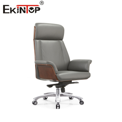 High-back Rotating Height-adjustable dengan dasar kayu dan kursi kulit abu-abu