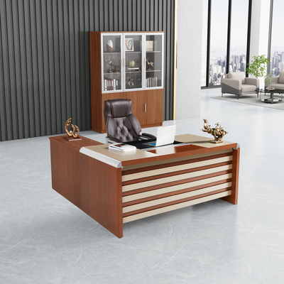 Meja Kantor Bentuk L Untuk Perabot Kantor Permukaan Padat Akrilik Finishing Mengkilap Tinggi
