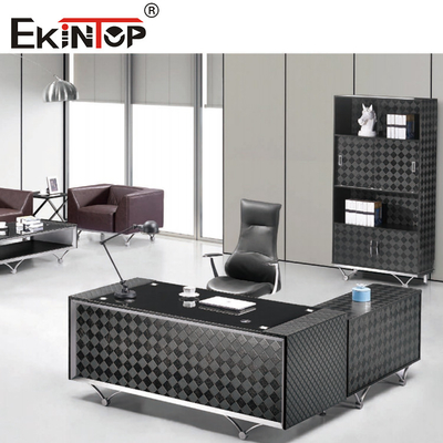 Furnitur Meja Rumah Meja Kaca Kantor Berbentuk L Modern Hitam Bening