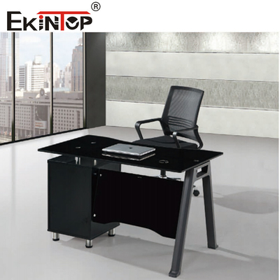 Komersial Kaca Hitam Meja Bentuk L Dengan Laci Perabot Kantor Eksekutif Modern