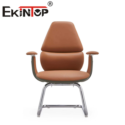Kursi Kantor Kulit PU Coklat Ergonomis Lengan Eksekutif Modern Kursi Klub Kulit